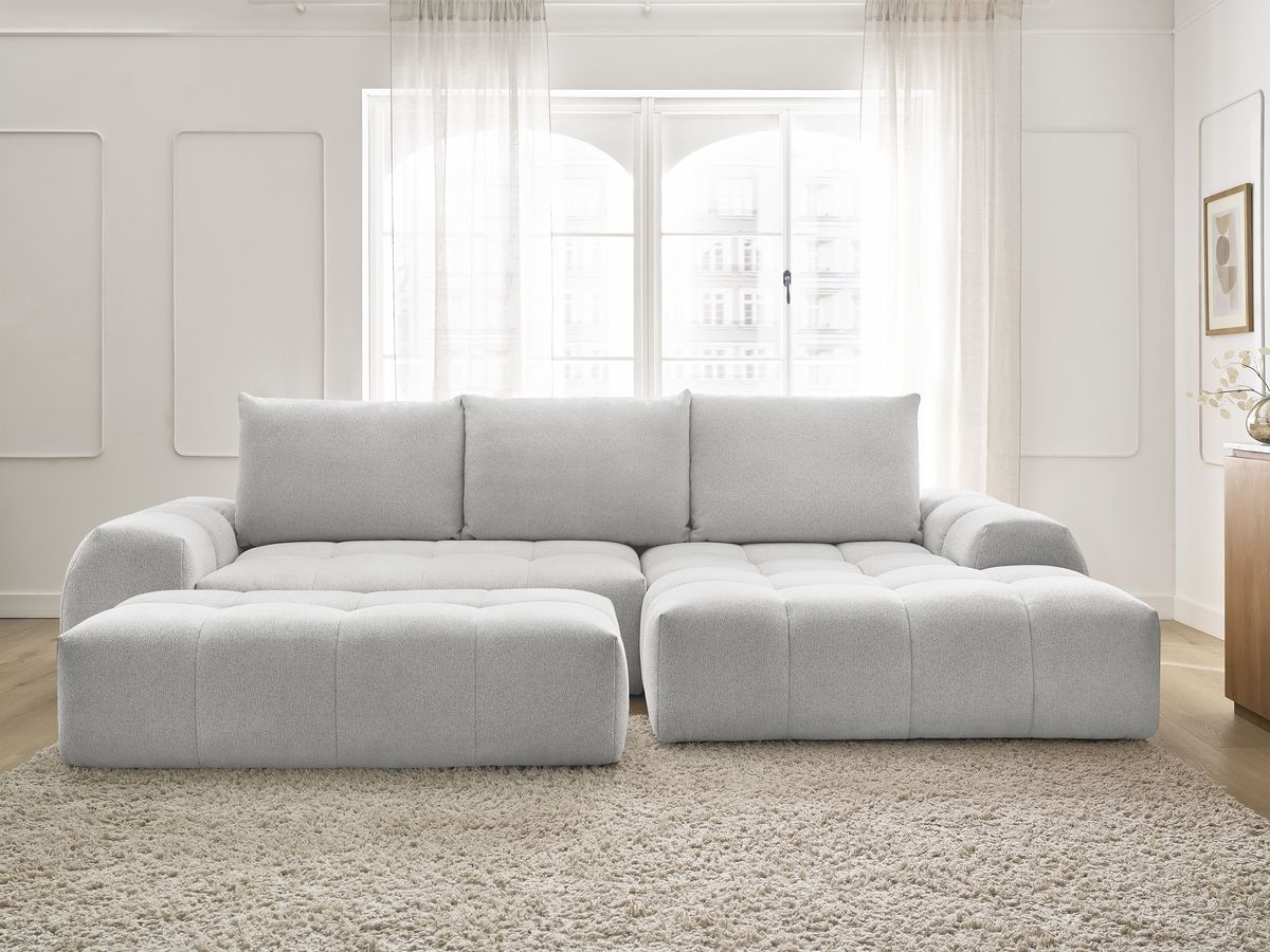 Canapé d'angle convertible coffre EVEREST chiné avec pouf gris clair — vue 5