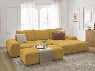 Canapé d'angle convertible coffre EVEREST tissu chiné avec pouf