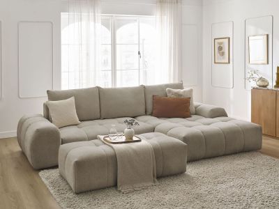 Canapé d'angle convertible coffre EVEREST tissu chiné avec pouf