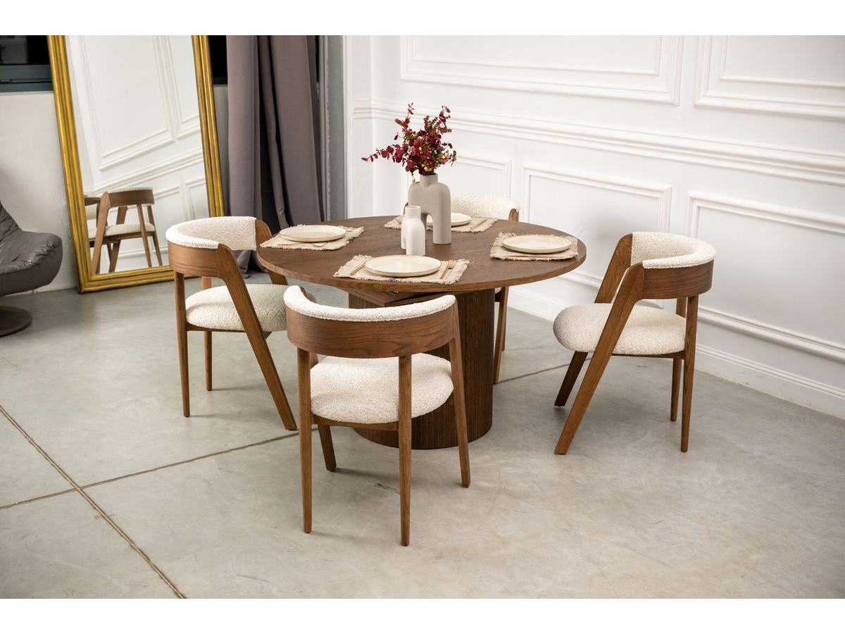 SORMIOU set met ronde eettafel uitschuifbaar van 130 tot 180 cm + 4 BASTIDE stoelen in massief eiken fineer