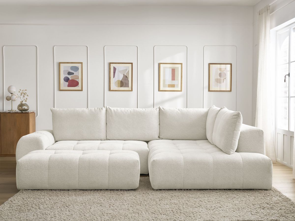 Canapé d'angle L convertible coffre EVEREST chiné avec pouf blanc — vue 5