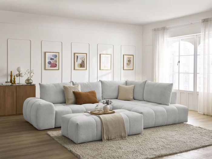 Canapé d'angle L convertible coffre EVEREST tissu chiné avec pouf