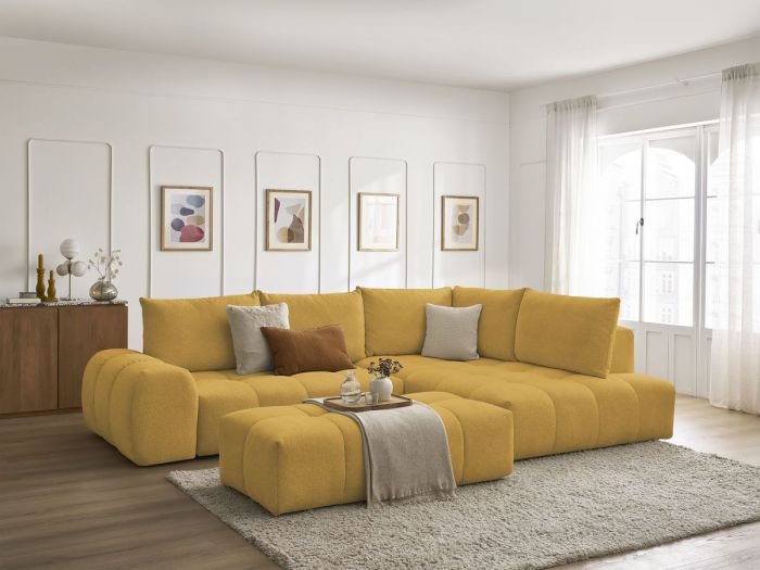 Canapé d'angle L convertible coffre EVEREST tissu chiné avec pouf