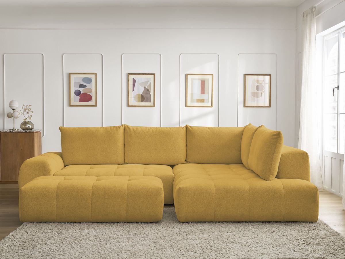 Canapé d'angle L convertible coffre EVEREST chiné avec pouf jaune — vue 5