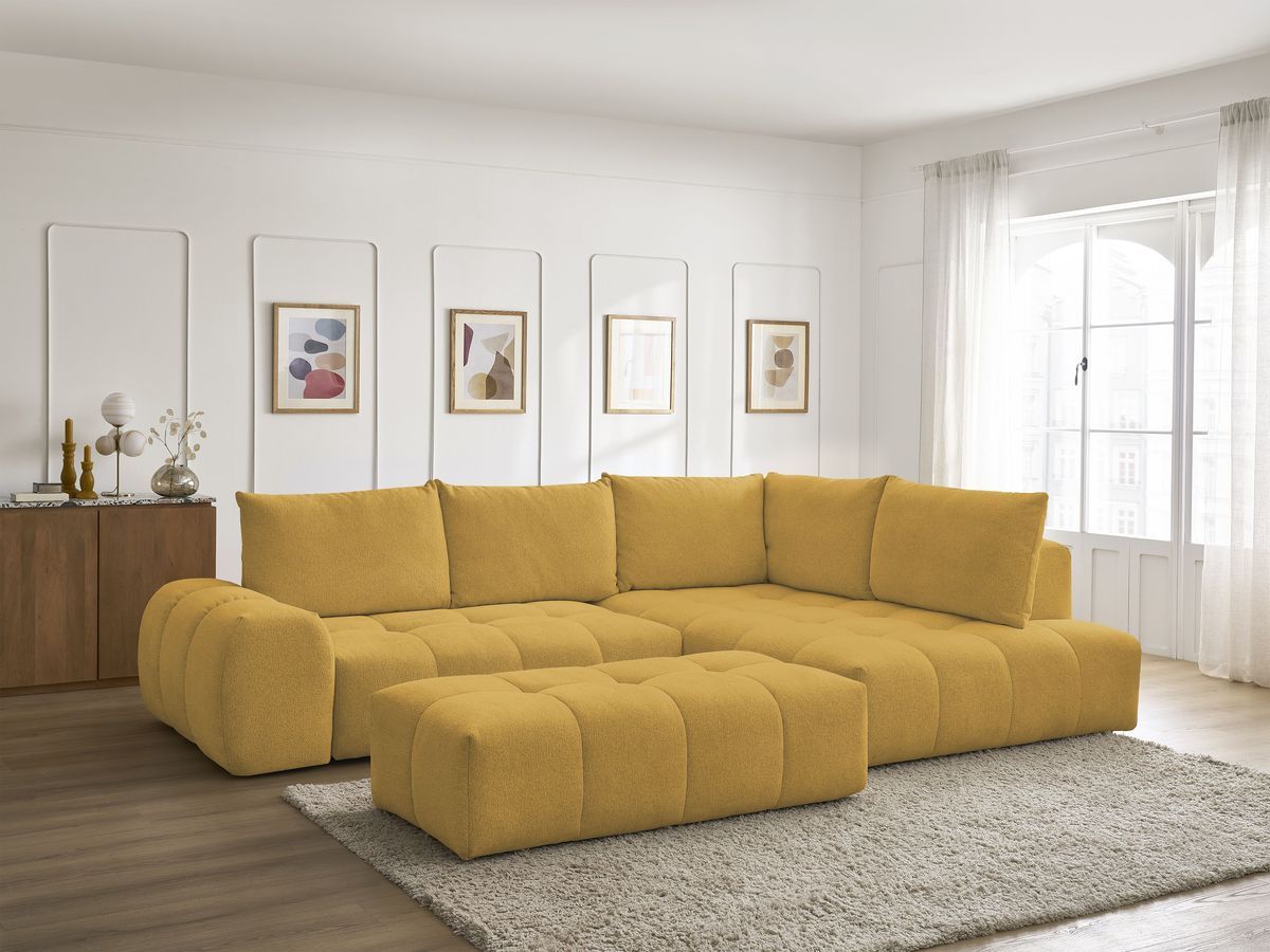 Canapé d'angle fixe EVEREST tissu chiné - Orange - Angle droit - 10 coussins