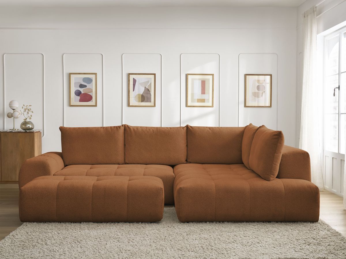 Canapé d'angle L convertible coffre EVEREST chiné avec pouf orange — vue 5