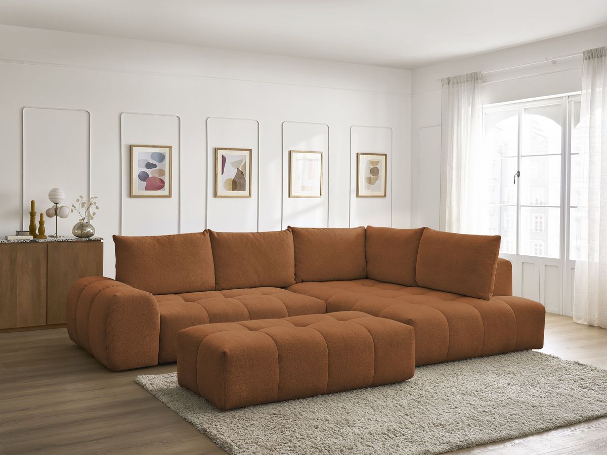 Canapé d'angle fixe EVEREST tissu chiné - Orange - Angle droit - 10 coussins