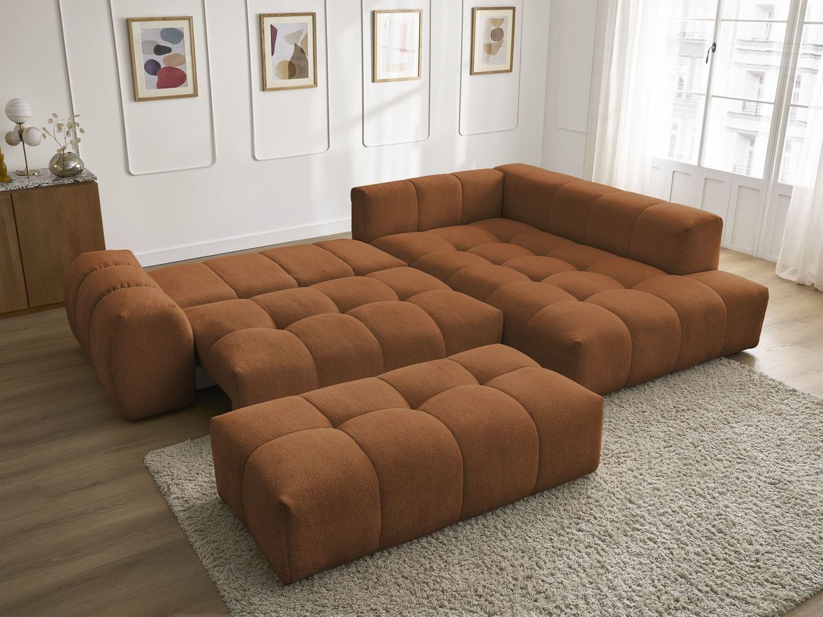 Canapé d'angle fixe EVEREST tissu chiné - Orange - Angle droit - 10 coussins