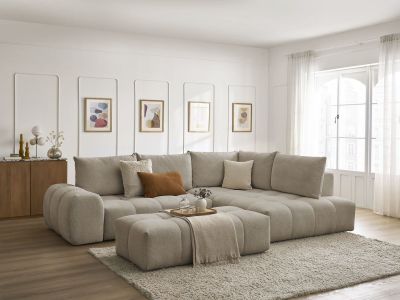 Canapé d'angle L convertible coffre EVEREST tissu chiné avec pouf