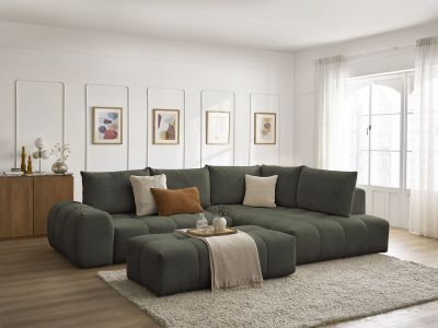 Canapé d'angle L convertible coffre EVEREST tissu chiné avec pouf