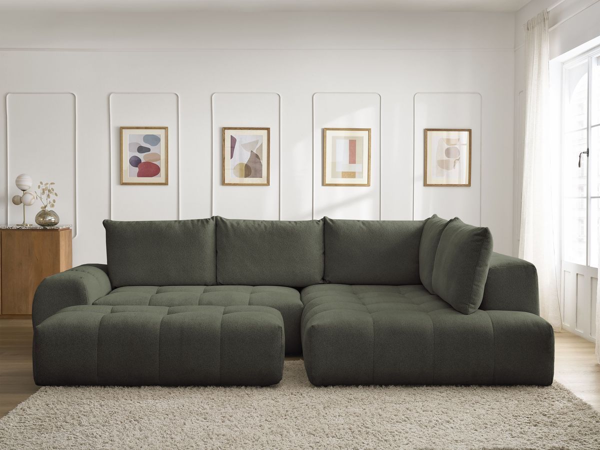 Canapé d'angle L convertible coffre EVEREST chiné avec pouf vert — vue 5