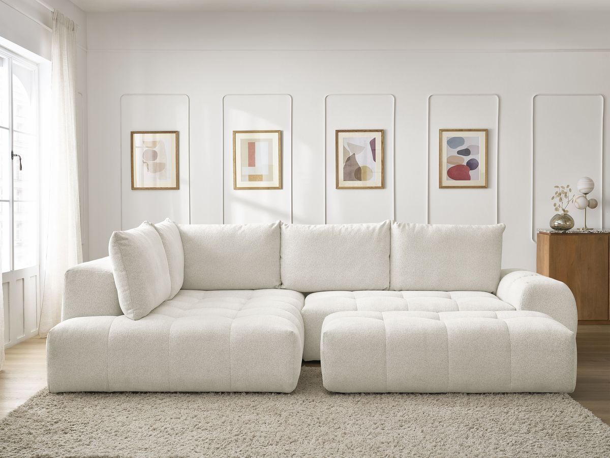 Canapé d'angle L convertible coffre EVEREST tissu chiné avec pouf blanc angle gauche BOBOCHIC 4 places - Vue supplémentaire 3