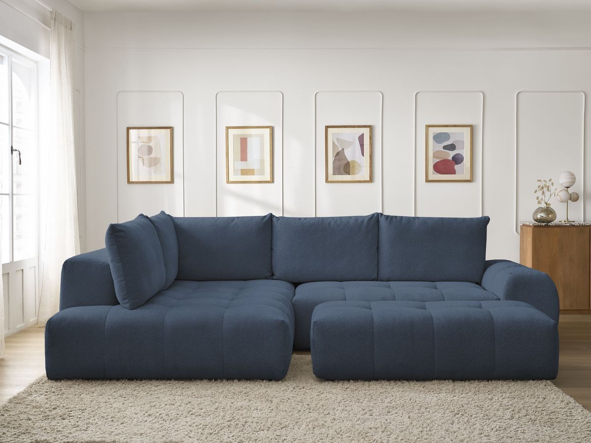 Canapé d'angle L convertible coffre EVEREST tissu chiné avec pouf bleu foncé angle gauche BOBOCHIC 4 places - Vue supplémentaire 3