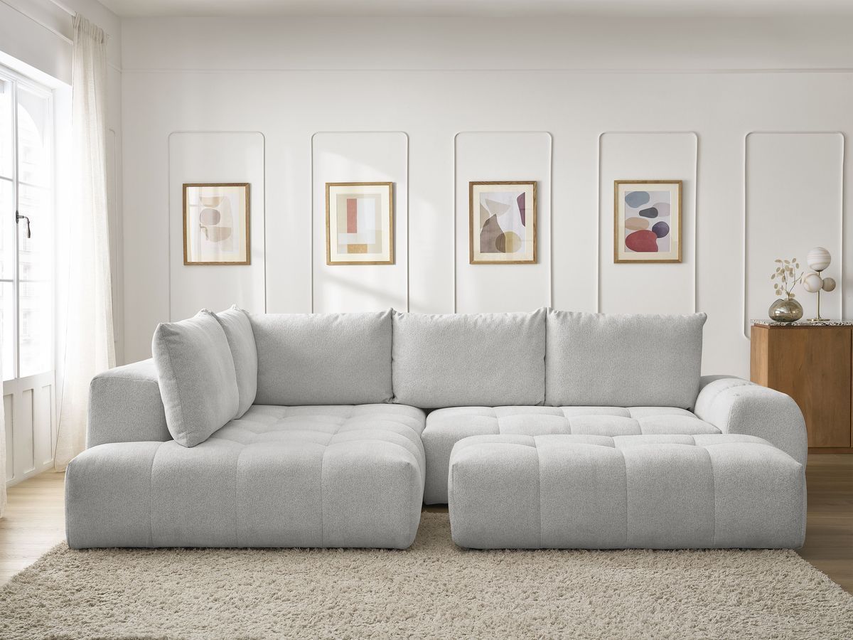 Canapé d'angle L convertible coffre EVEREST tissu chiné avec pouf gris clair angle gauche BOBOCHIC 4 places - Vue supplémentaire 3