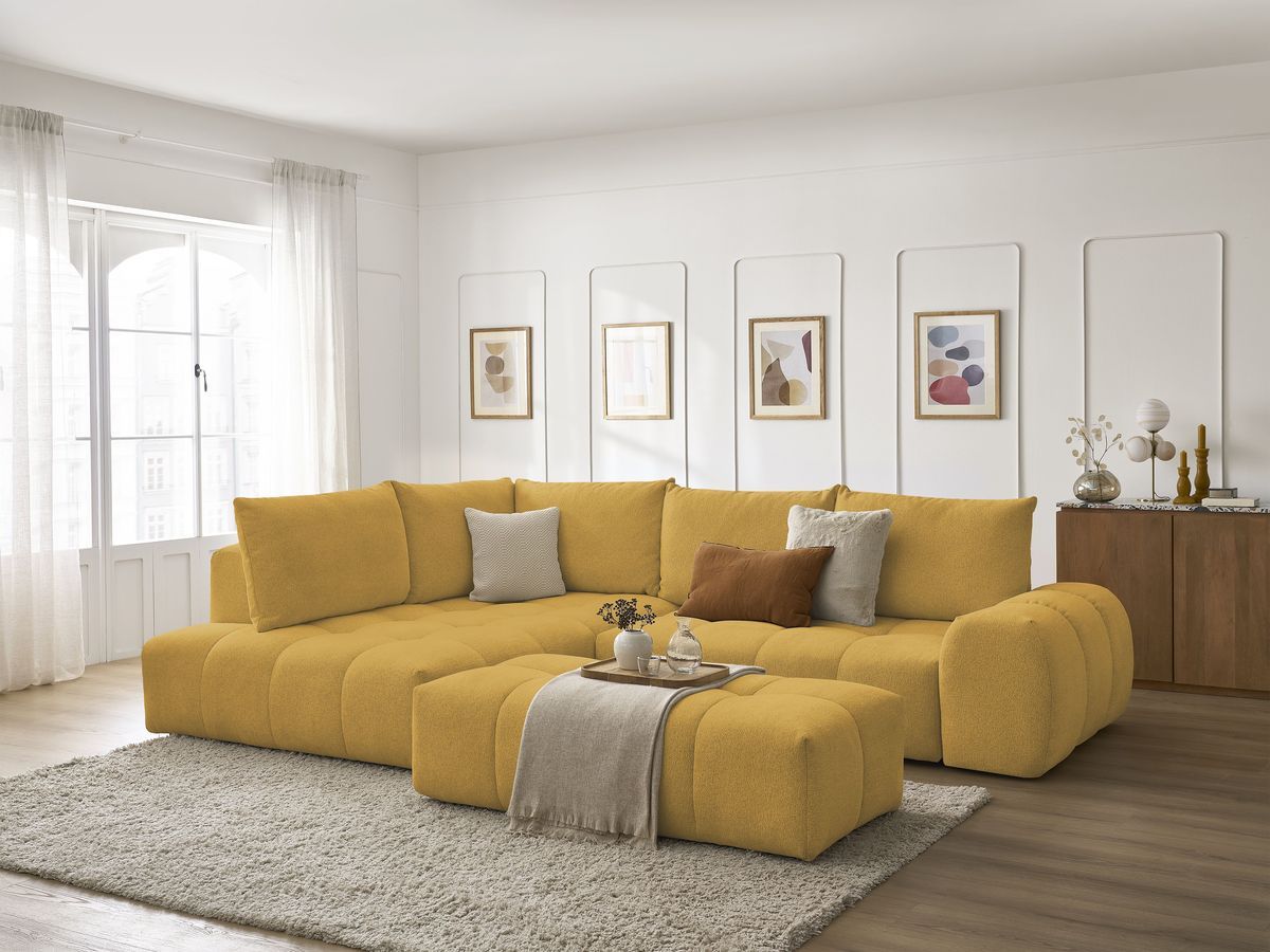 Canapé d'angle fixe EVEREST tissu chiné - Orange - Angle droit - 10 coussins