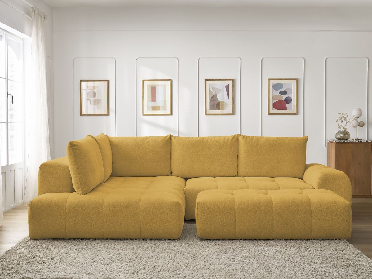 Canapé d'angle L convertible coffre EVEREST tissu chiné avec pouf jaune angle gauche BOBOCHIC 4 places - Vue supplémentaire 3
