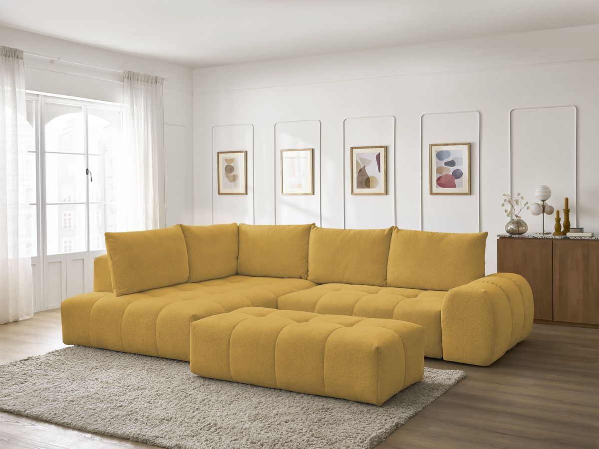 Canapé d'angle fixe EVEREST tissu chiné - Orange - Angle droit - 10 coussins