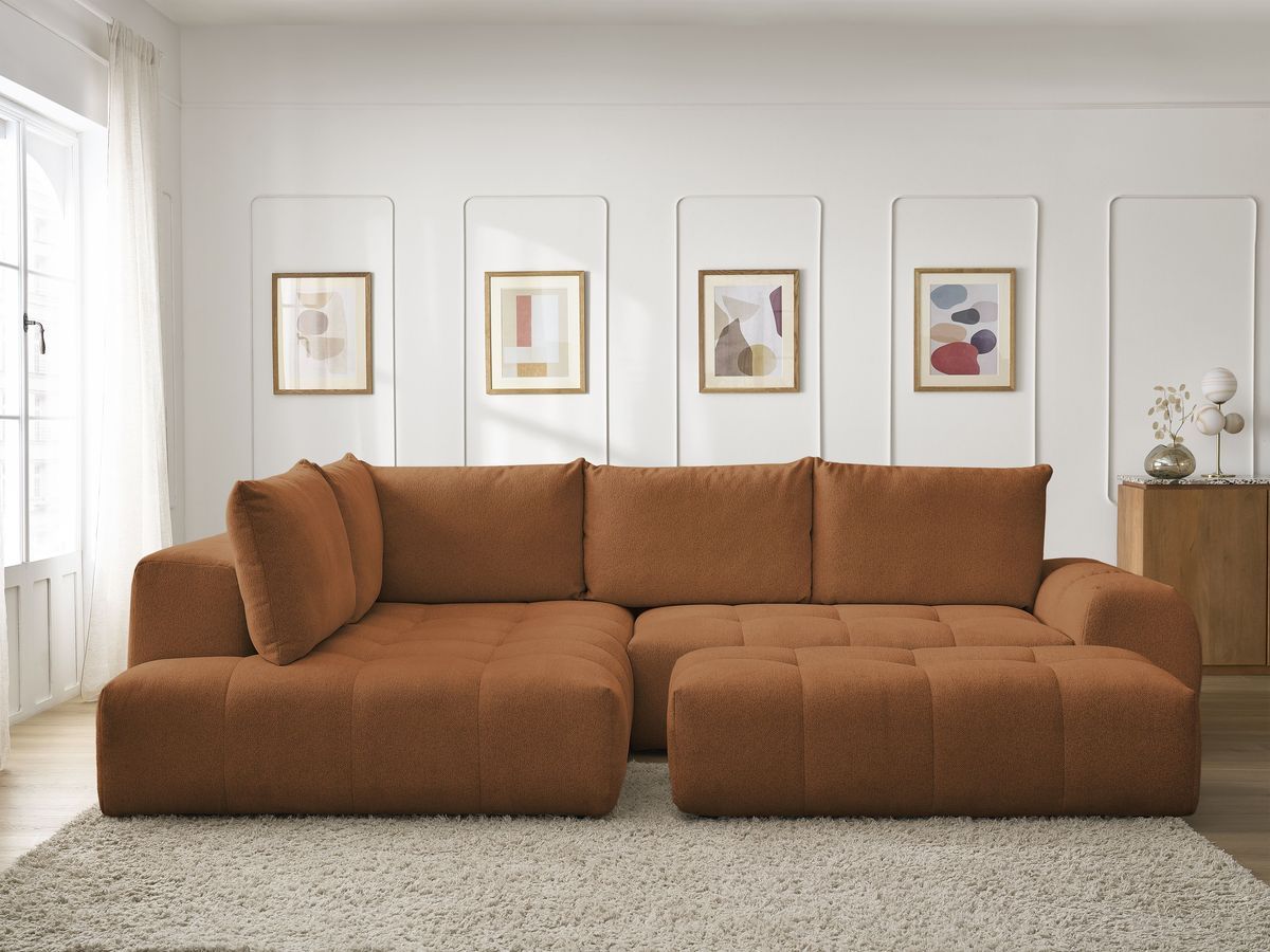 Canapé d'angle L convertible coffre EVEREST tissu chiné avec pouf orange angle gauche BOBOCHIC 4 places - Vue supplémentaire 3