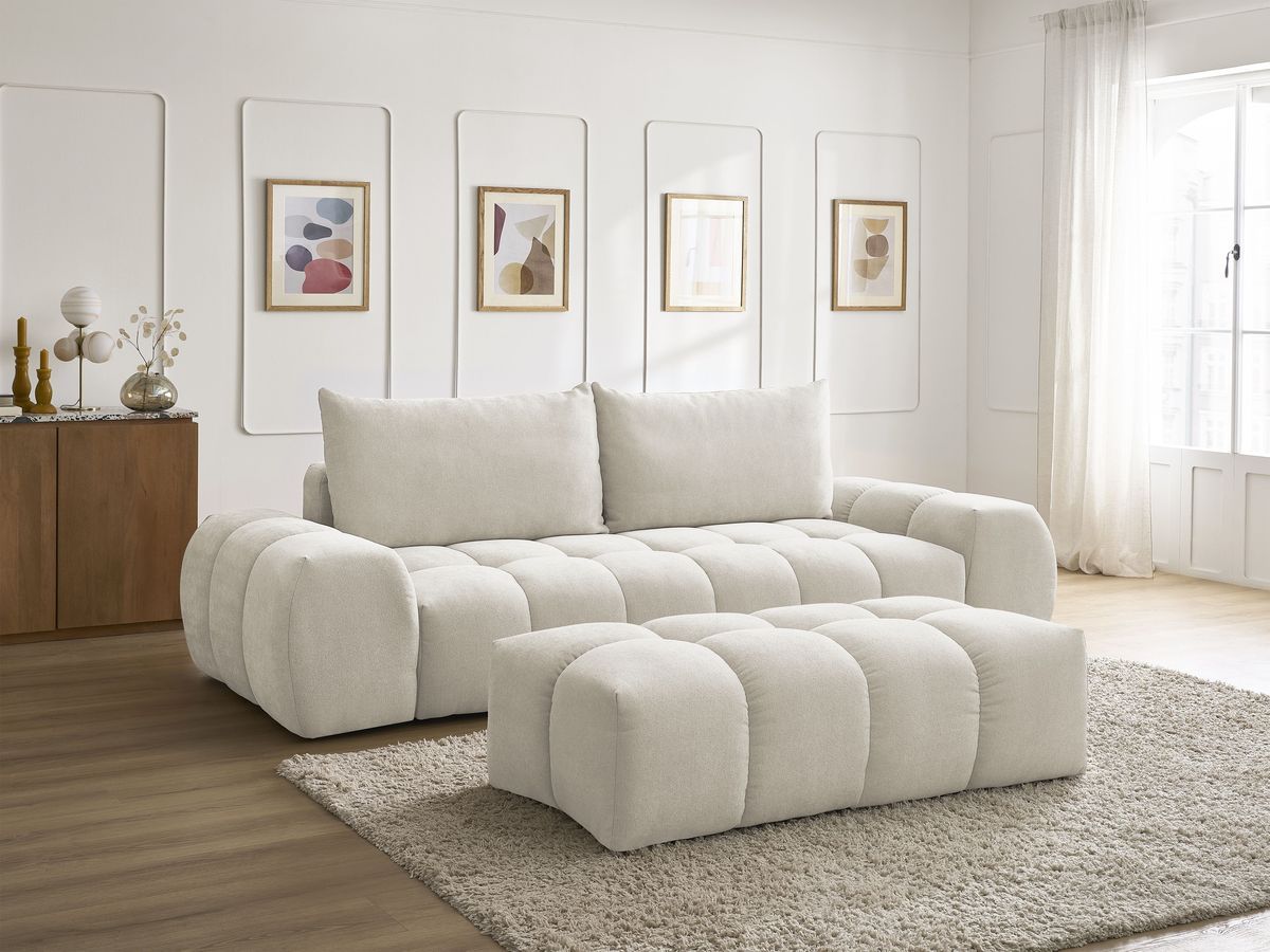 Canapé droit convertible coffre EVEREST tissu texturé avec pouf