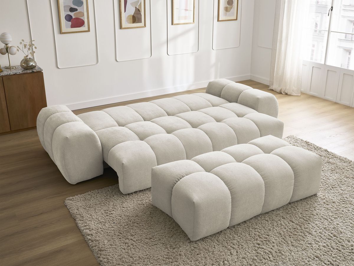 Canapé droit convertible coffre EVEREST tissu texturé avec pouf