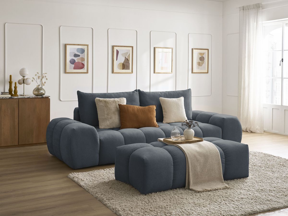 Canapé droit convertible coffre EVEREST tissu texturé avec pouf