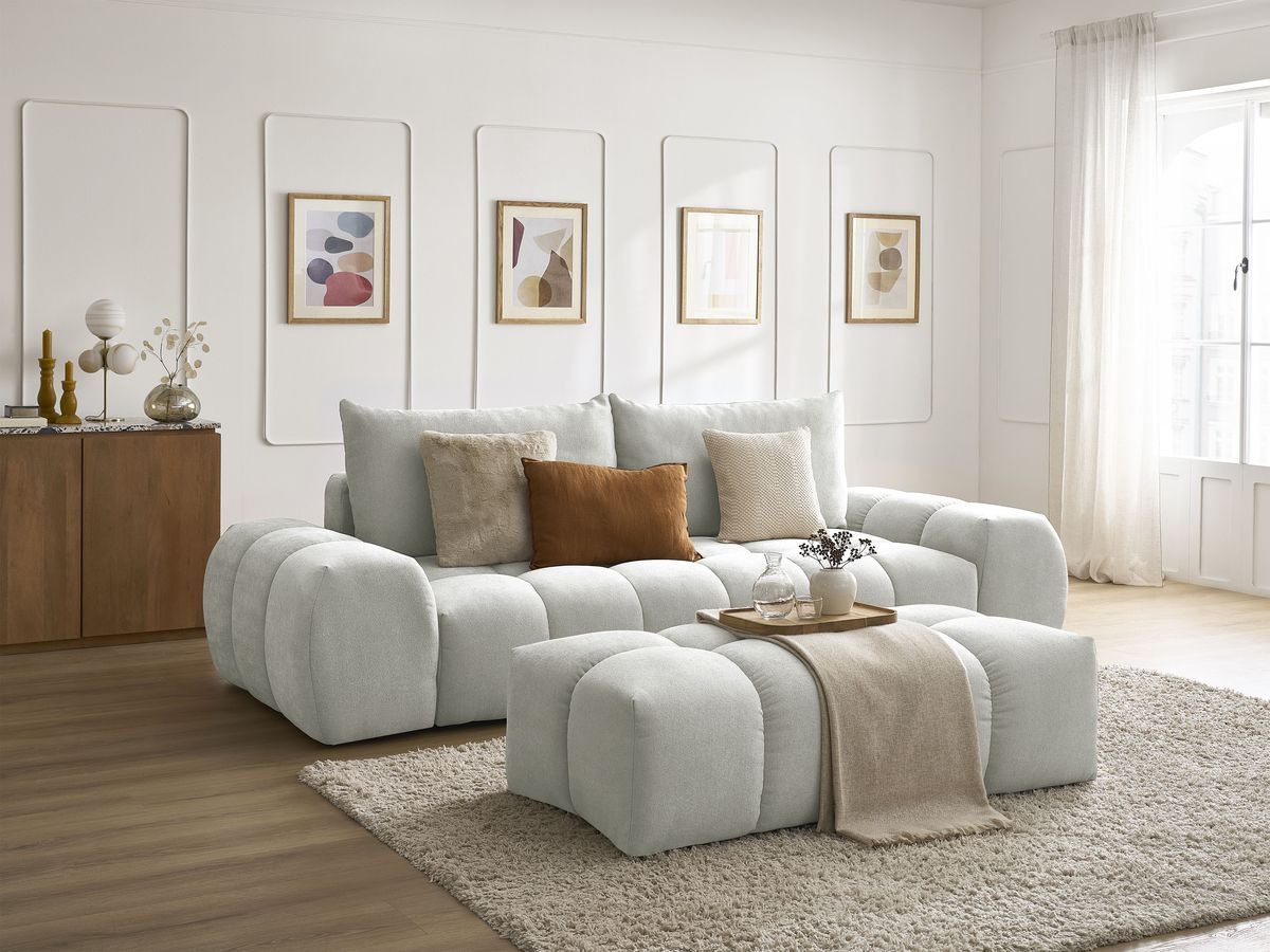 Canapé droit convertible coffre EVEREST tissu texturé avec pouf