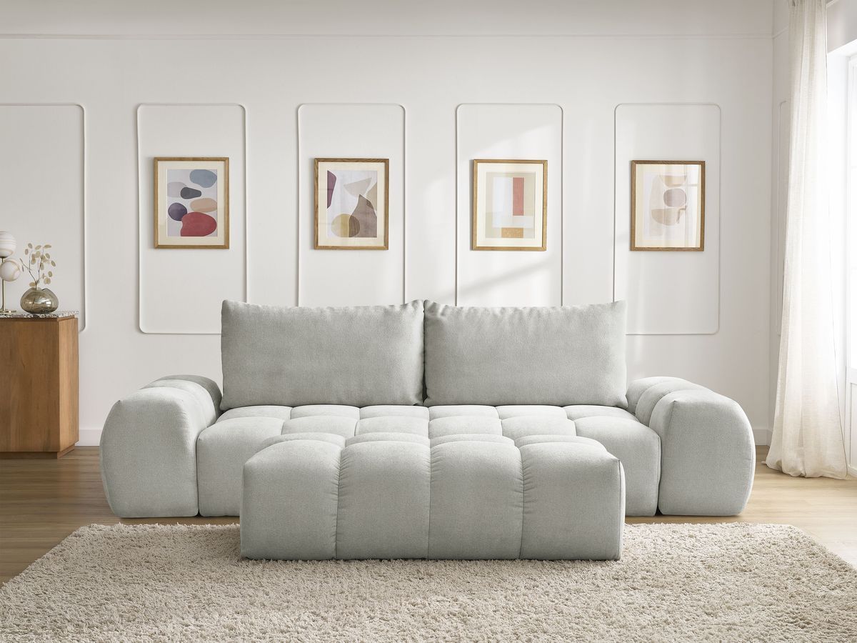 Canapé droit convertible coffre EVEREST tissu texturé avec pouf gris clair   BOBOCHIC 3 places - Vue supplémentaire 3