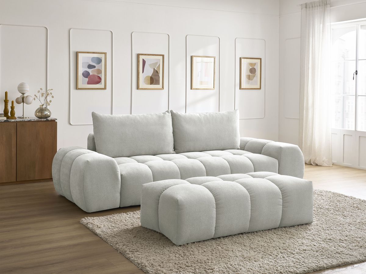 Canapé droit convertible coffre EVEREST tissu texturé avec pouf