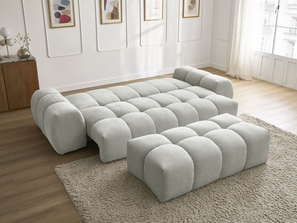 Canapé droit convertible coffre EVEREST tissu texturé avec pouf