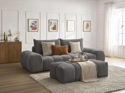 Canapé droit convertible coffre EVEREST tissu texturé avec pouf