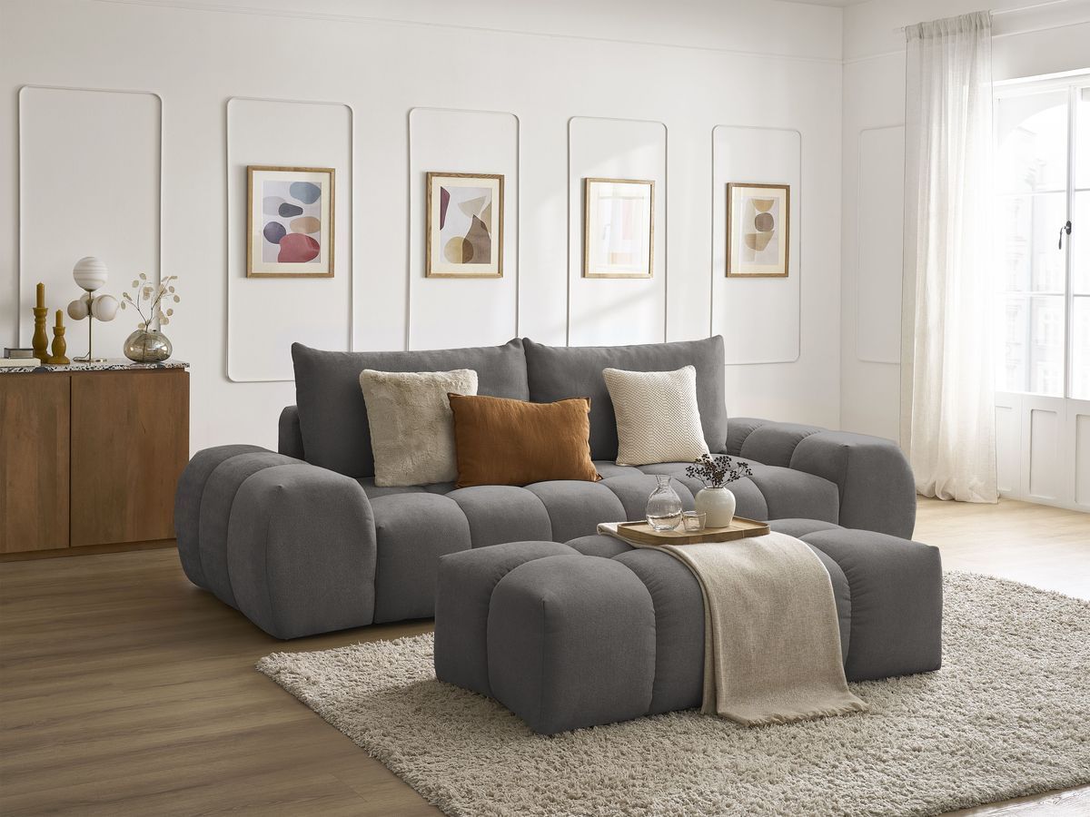 Canapé droit convertible coffre EVEREST tissu texturé avec pouf
