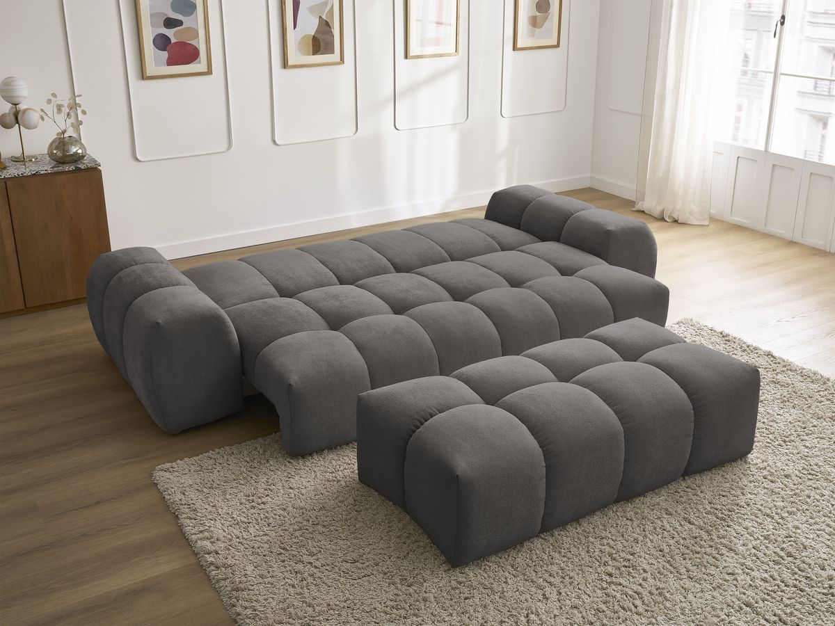 Canapé droit convertible coffre EVEREST tissu texturé avec pouf
