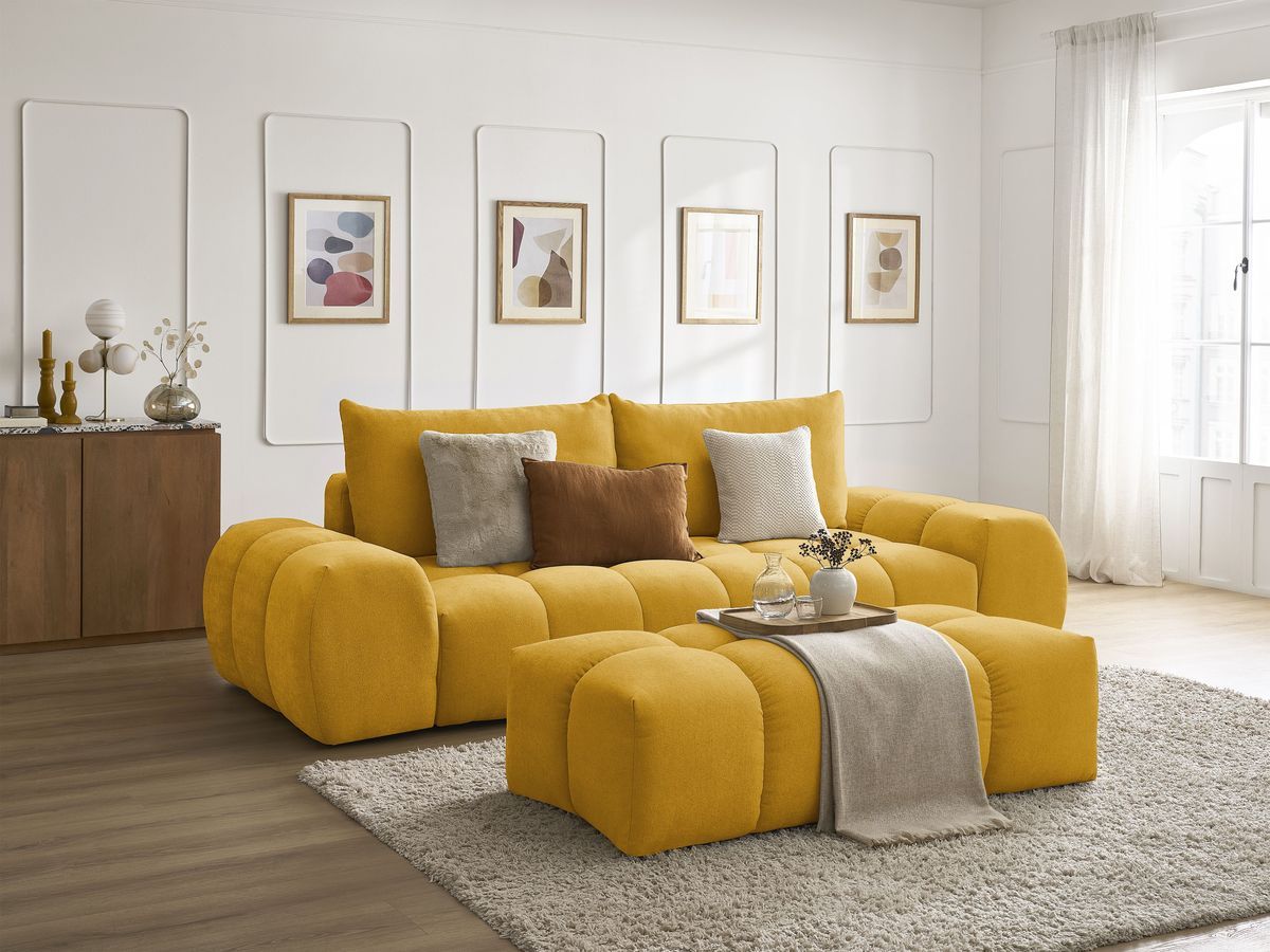 Canapé droit convertible coffre EVEREST tissu texturé avec pouf