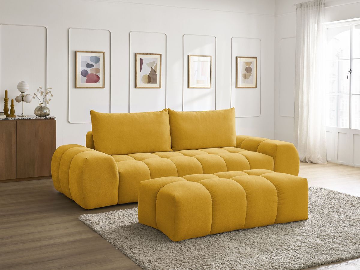 Canapé droit convertible coffre EVEREST tissu texturé avec pouf
