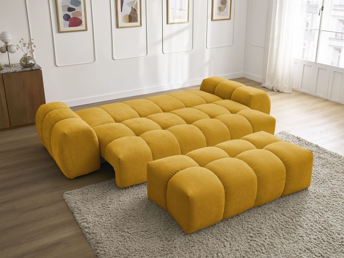 Canapé droit convertible coffre EVEREST tissu texturé avec pouf
