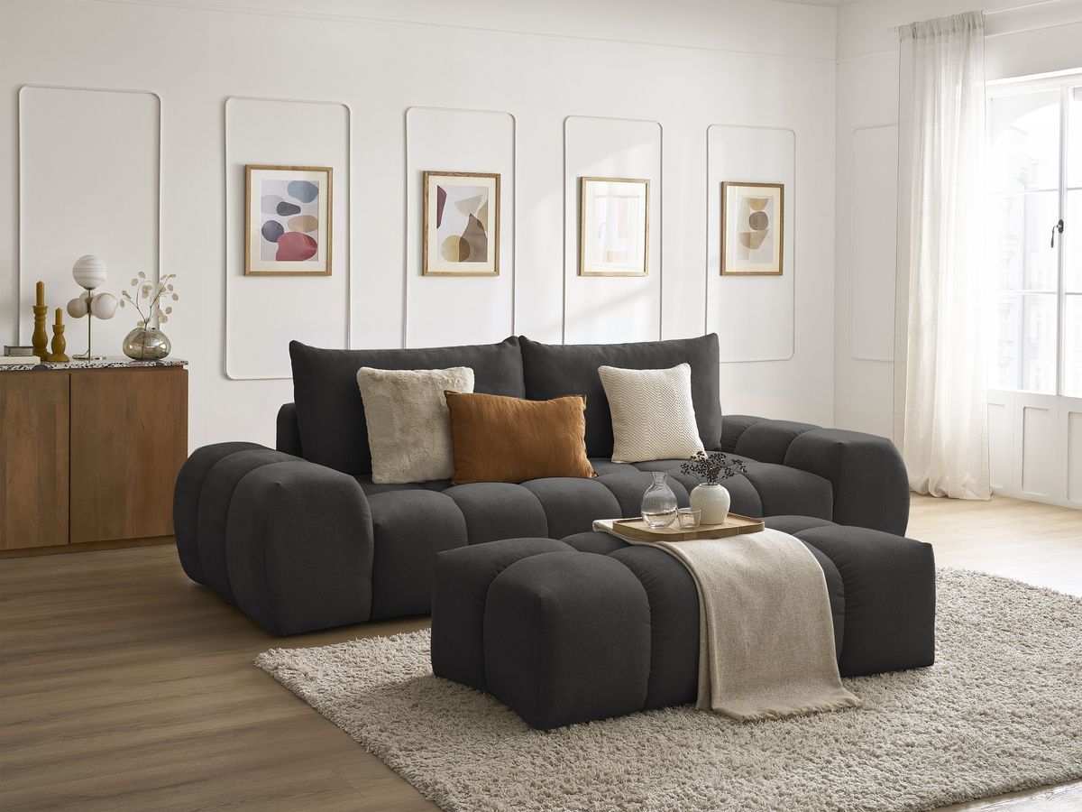Canapé droit convertible coffre EVEREST tissu texturé avec pouf