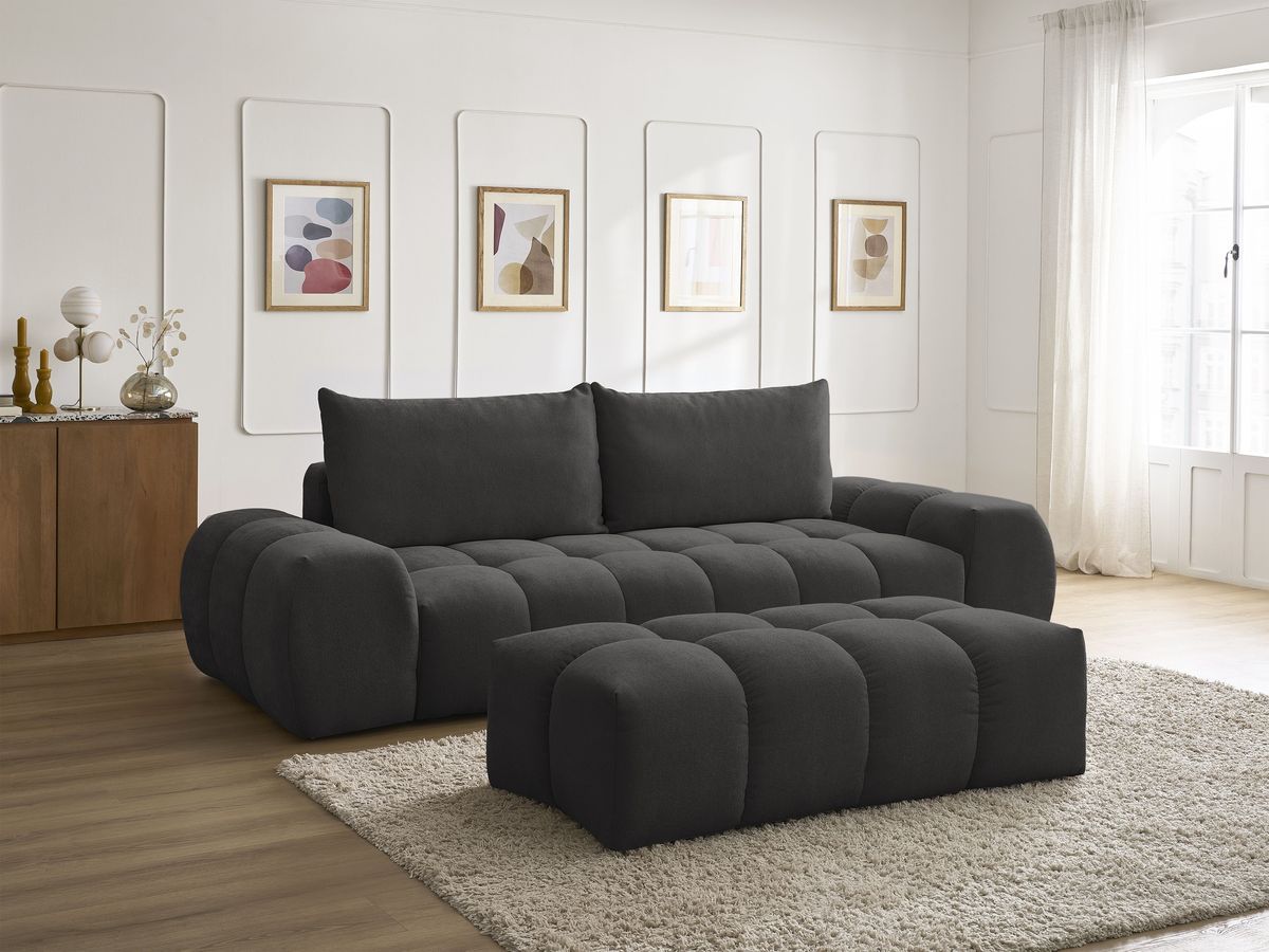 Canapé droit convertible coffre EVEREST tissu texturé avec pouf