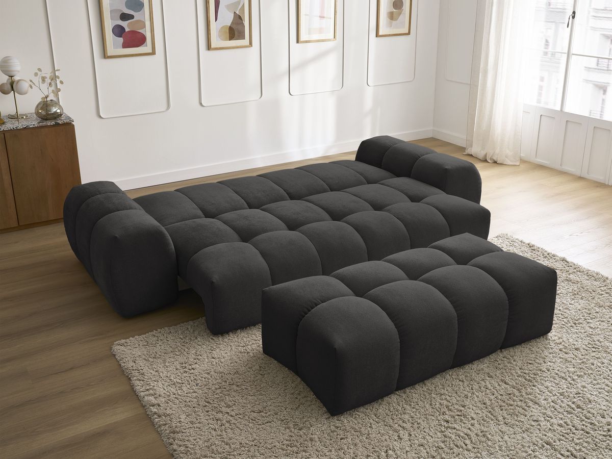 Canapé droit convertible coffre EVEREST tissu texturé avec pouf