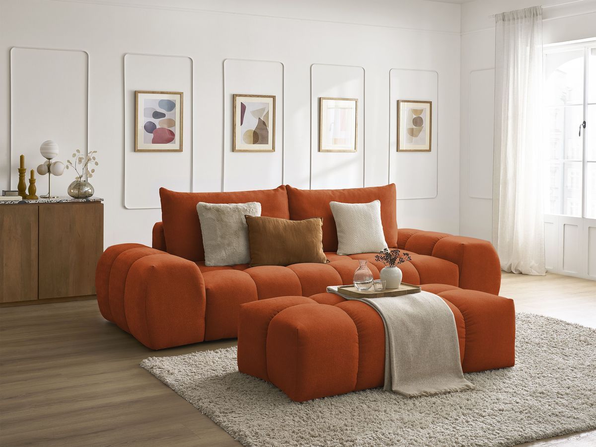 Canapé droit convertible coffre EVEREST tissu texturé avec pouf