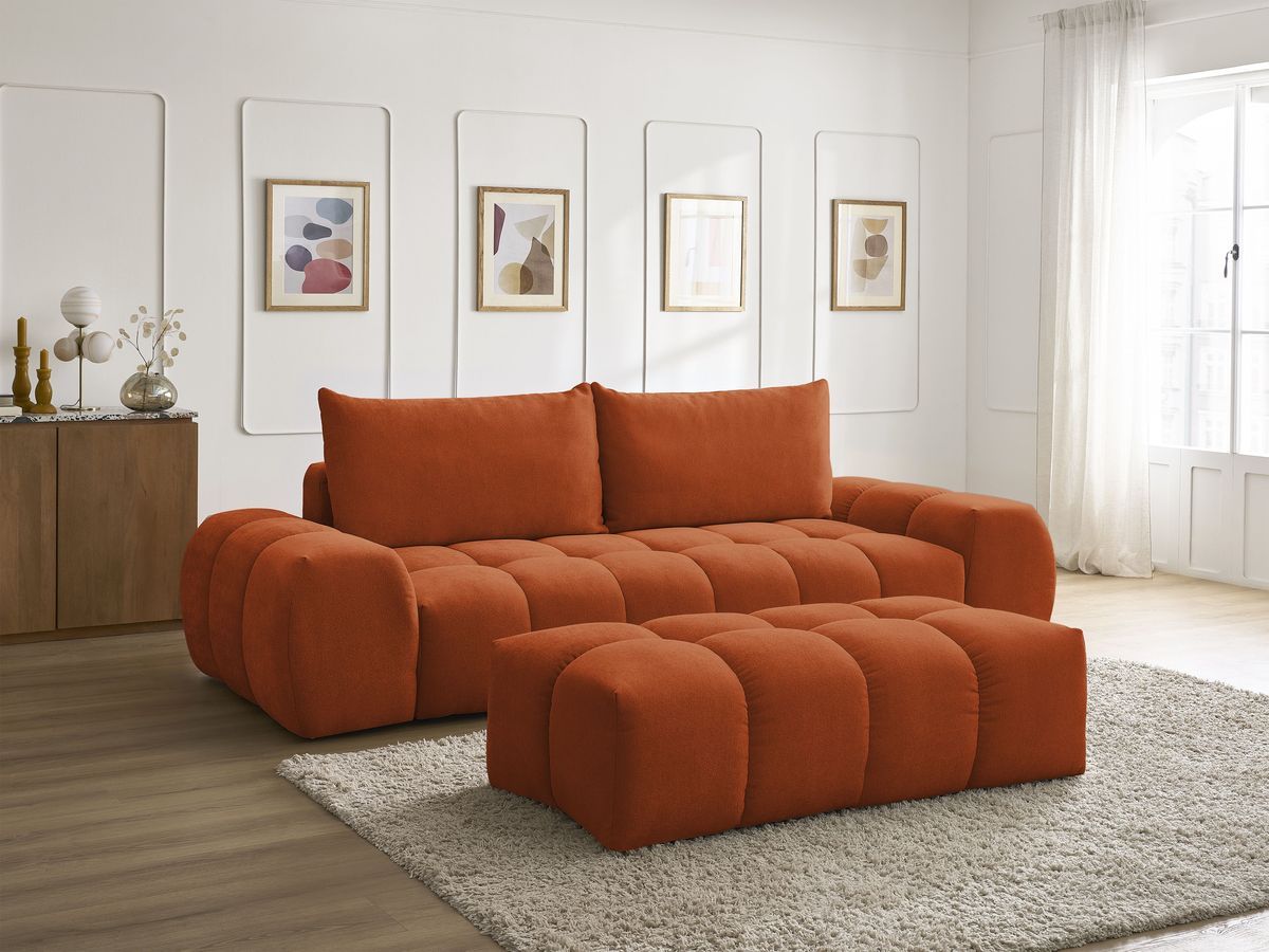Canapé droit convertible coffre EVEREST tissu texturé avec pouf