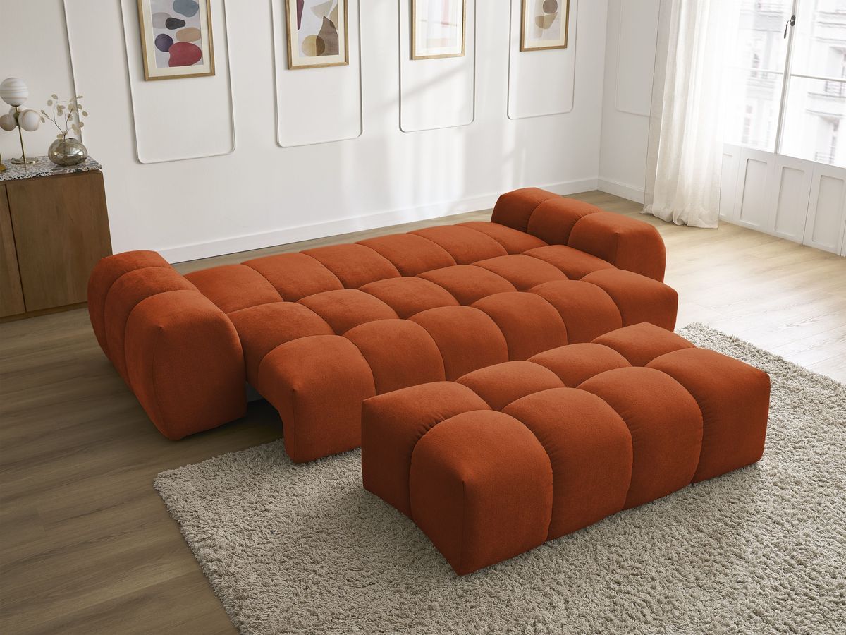 Canapé droit convertible coffre EVEREST tissu texturé avec pouf