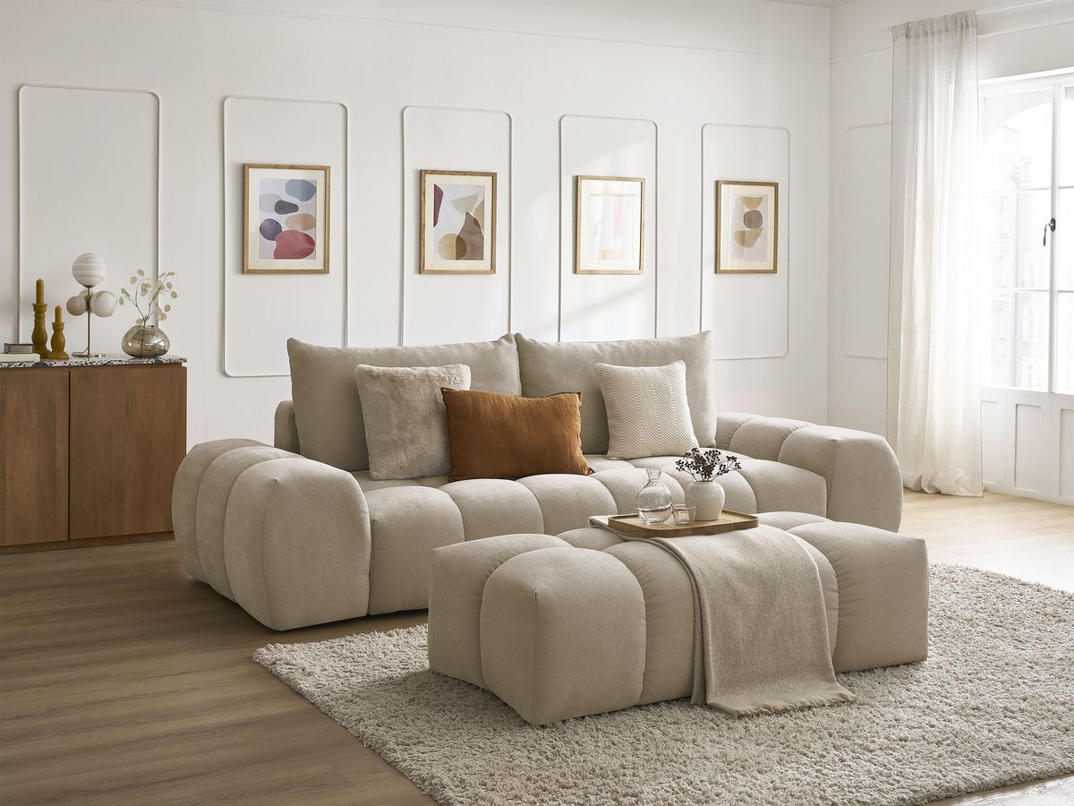 Canapé droit convertible coffre EVEREST tissu texturé avec pouf