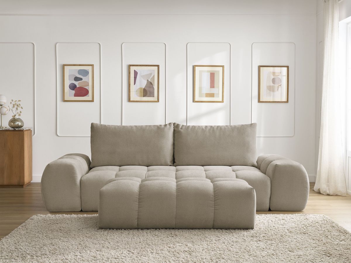 Canapé droit convertible coffre EVEREST texturé avec pouf taupe — vue 5