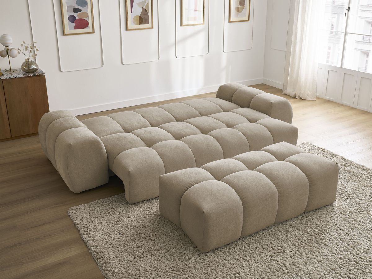 Canapé droit convertible coffre EVEREST tissu texturé avec pouf