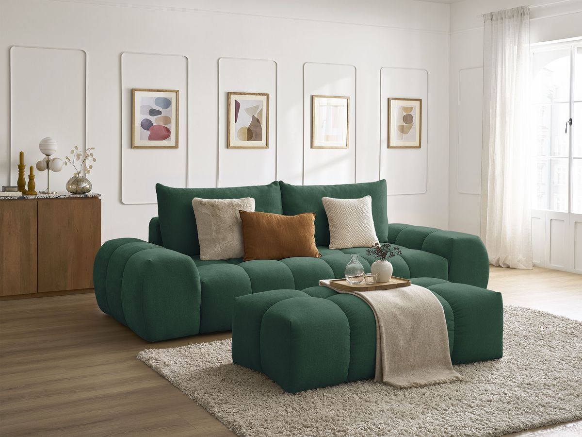 Canapé droit convertible coffre EVEREST tissu texturé avec pouf