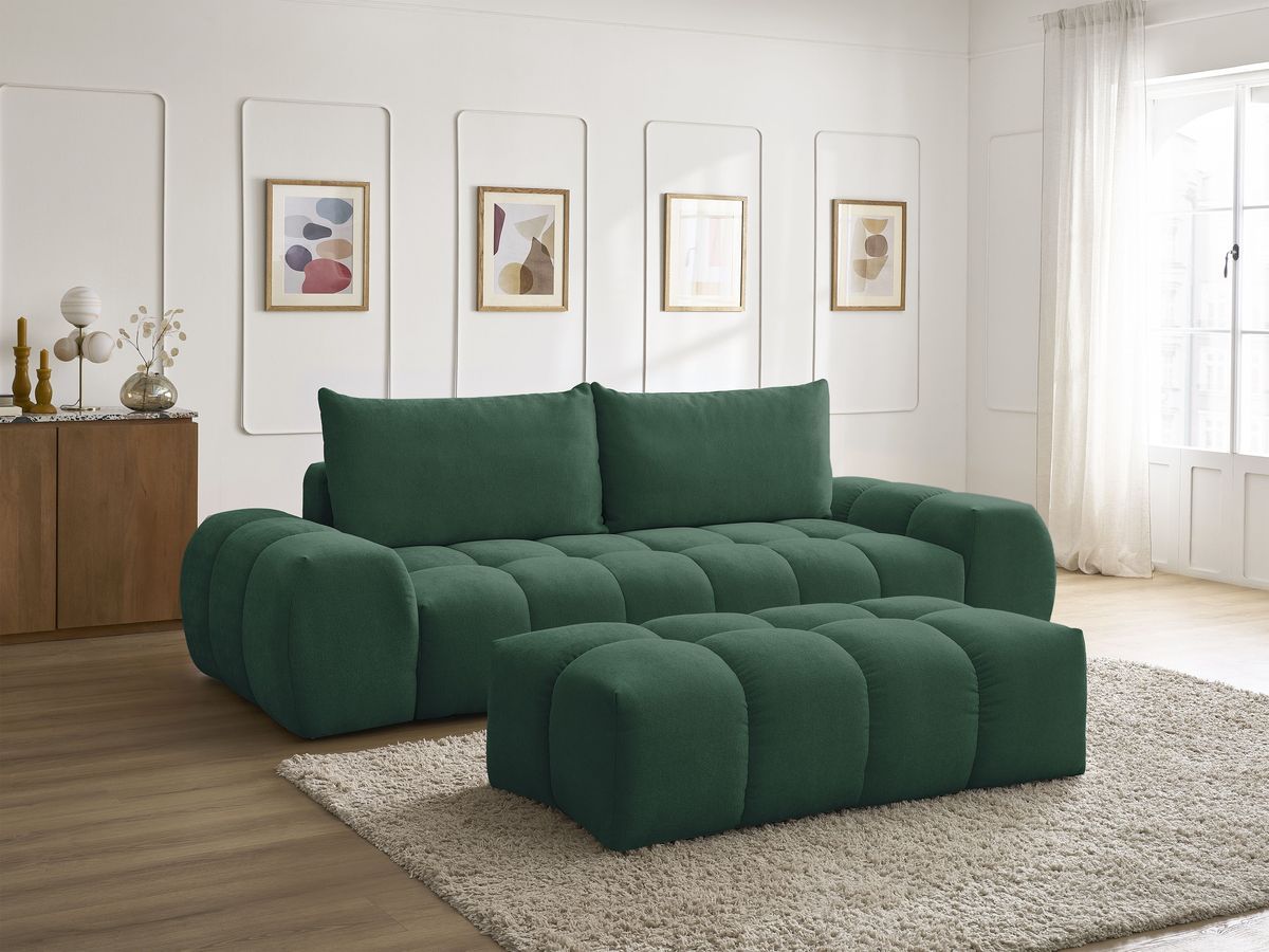 Canapé droit convertible coffre EVEREST tissu texturé avec pouf
