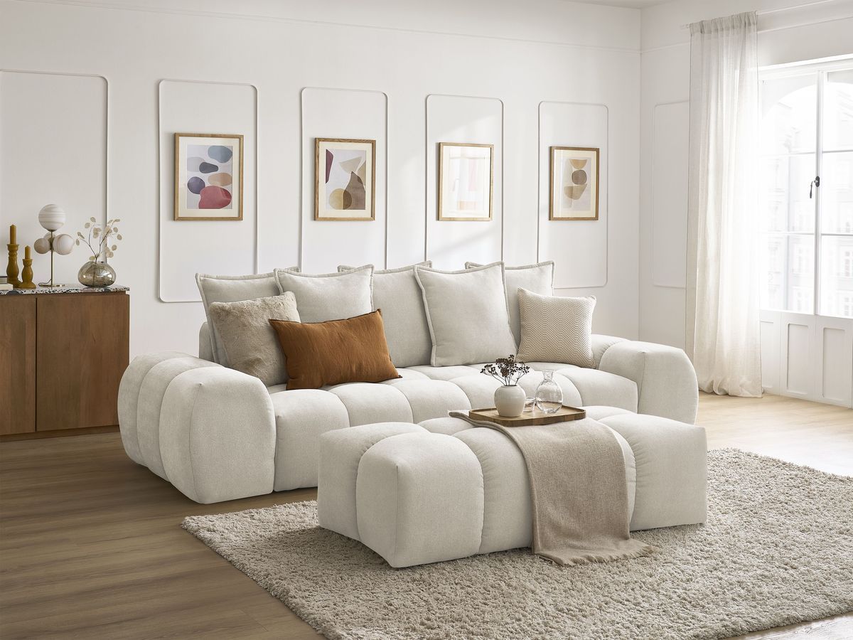 Canapé droit convertible coffre EVEREST tissu texturé avec pouf