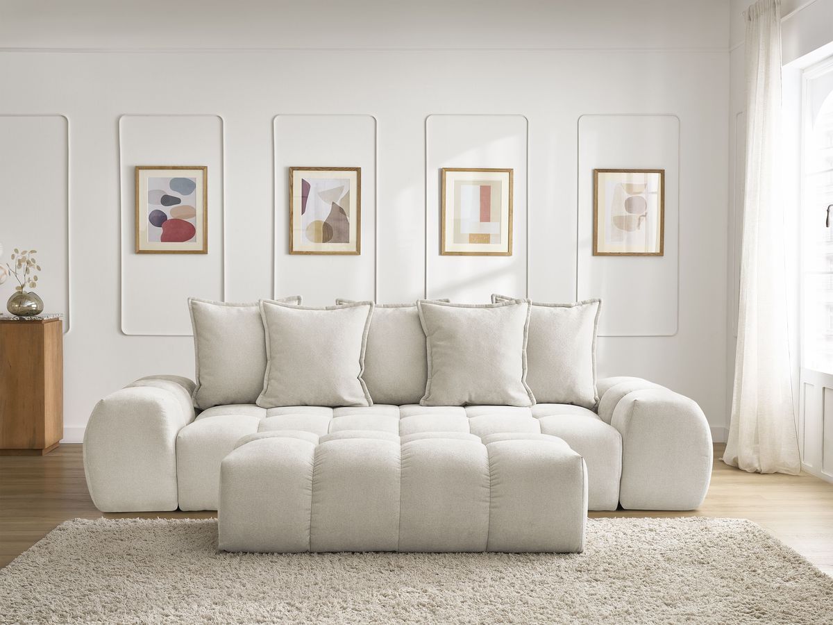 Canapé droit convertible coffre EVEREST tissu texturé avec pouf beige BOBOCHIC 3 places - Vue supplémentaire 3