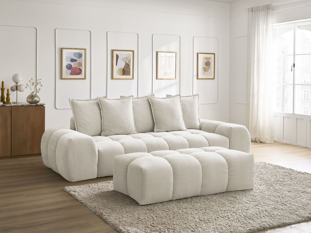 Canapé droit convertible coffre EVEREST tissu texturé avec pouf