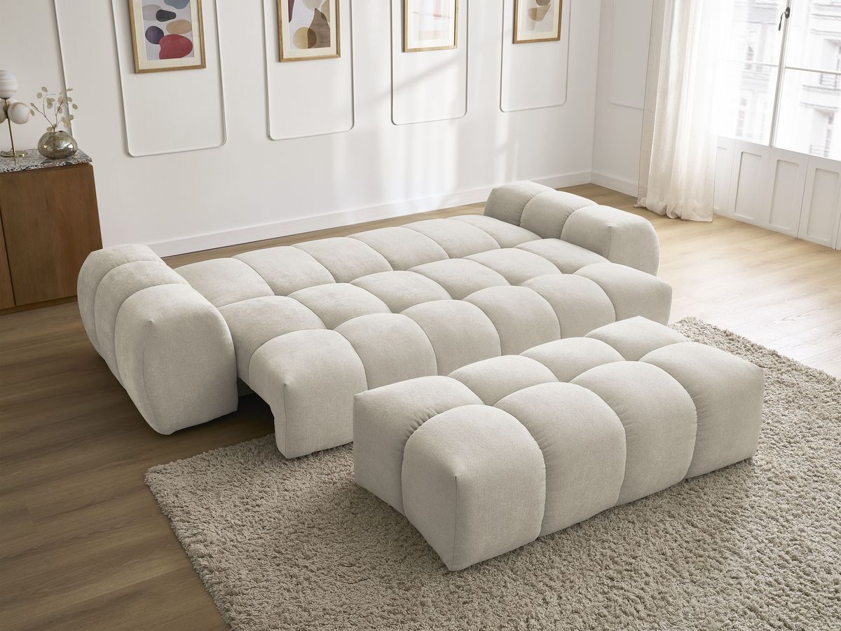 Canapé droit convertible coffre EVEREST tissu texturé avec pouf